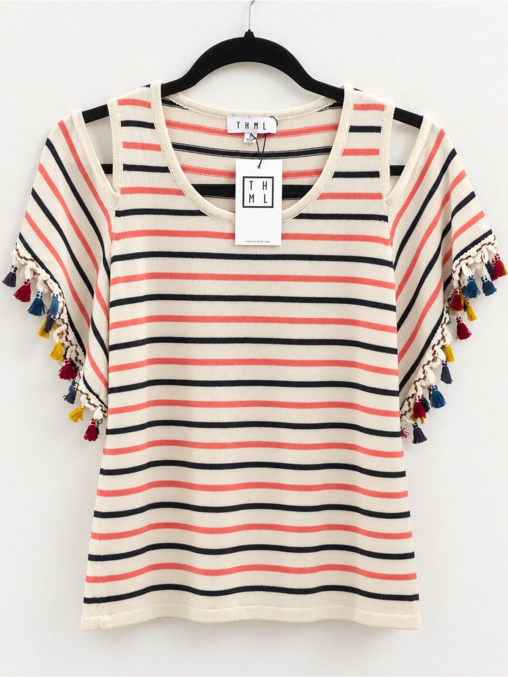THML Cream Striped Tee with Multicolor Tassel Sleeves